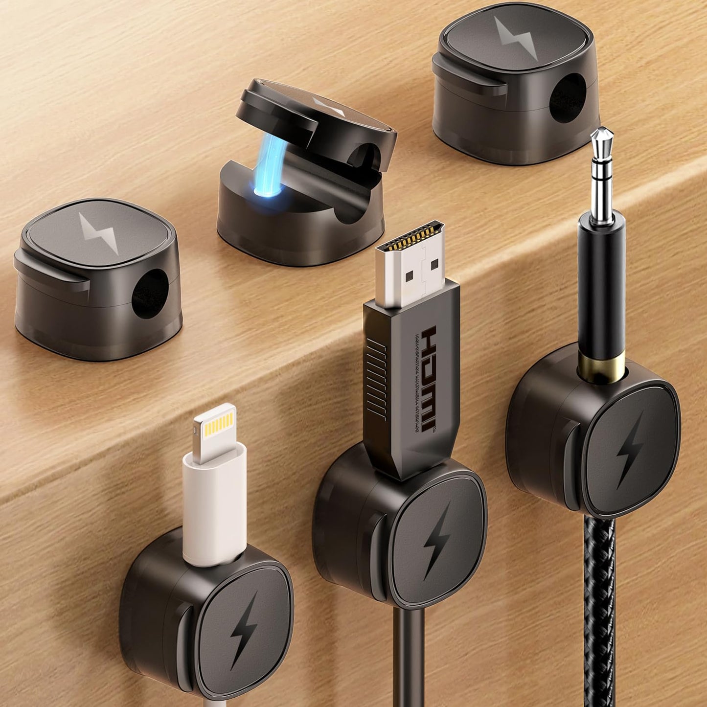 Magnetic Cable Organizer Clips [1s Lock] 6-Pack Adjustable Cord Holders for Nightstand Desk Charging Cable Tangle-Free Adhesive Wire Management for Under Desk | Smooth Adjustable | Strong Magnet