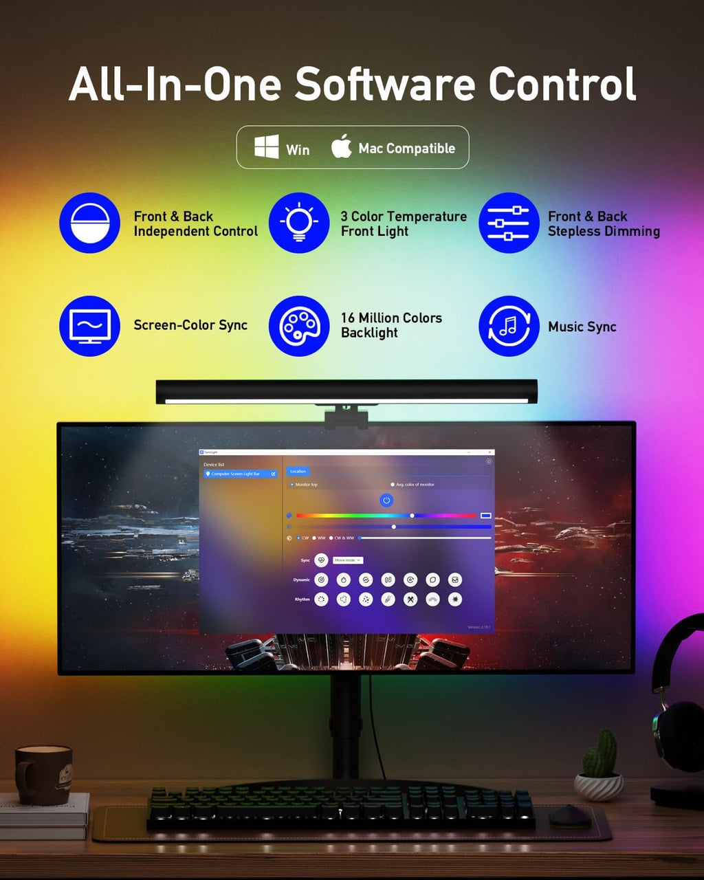 RGB Computer Light Bar， LED Monitor Lamp Screen Light Bar, Adjustable Monitor Light Bar with Clip Mount,For Computer Monitors and Home Office Settings